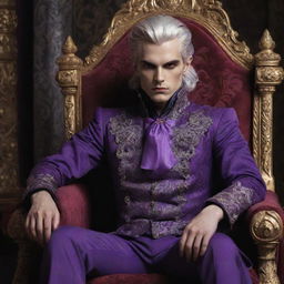 A young vampire king with silvery hair and piercing red eyes, dressed in exquisite violet noble clothes, sitting confidently on his ornate throne.