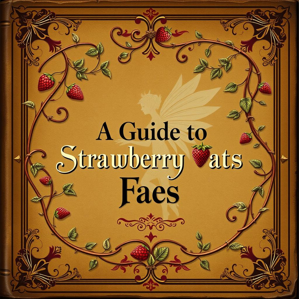 A vintage, historic-style book cover for "A Guide to Strawberry Faes", featuring elegant vines intertwining around the title