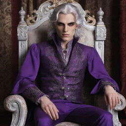 A young vampire king with silvery hair and piercing red eyes, dressed in exquisite violet noble clothes, sitting confidently on his ornate throne.