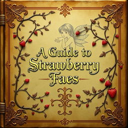 A vintage, historic-style book cover for "A Guide to Strawberry Faes", featuring elegant vines intertwining around the title