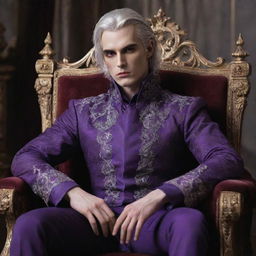 A young vampire king with silvery hair and piercing red eyes, dressed in exquisite violet noble clothes, sitting confidently on his ornate throne.