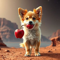 A cute and adventurous dog standing on the surface of Mars, holding a shiny red apple in its mouth