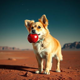 A cute and adventurous dog standing on the surface of Mars, holding a shiny red apple in its mouth