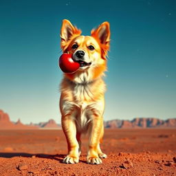 A cute and adventurous dog standing on the surface of Mars, holding a shiny red apple in its mouth