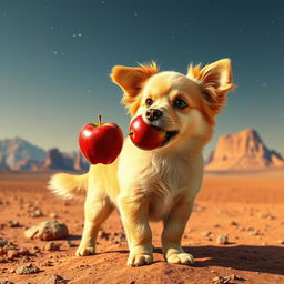 A cute and adventurous dog standing on the surface of Mars, holding a shiny red apple in its mouth