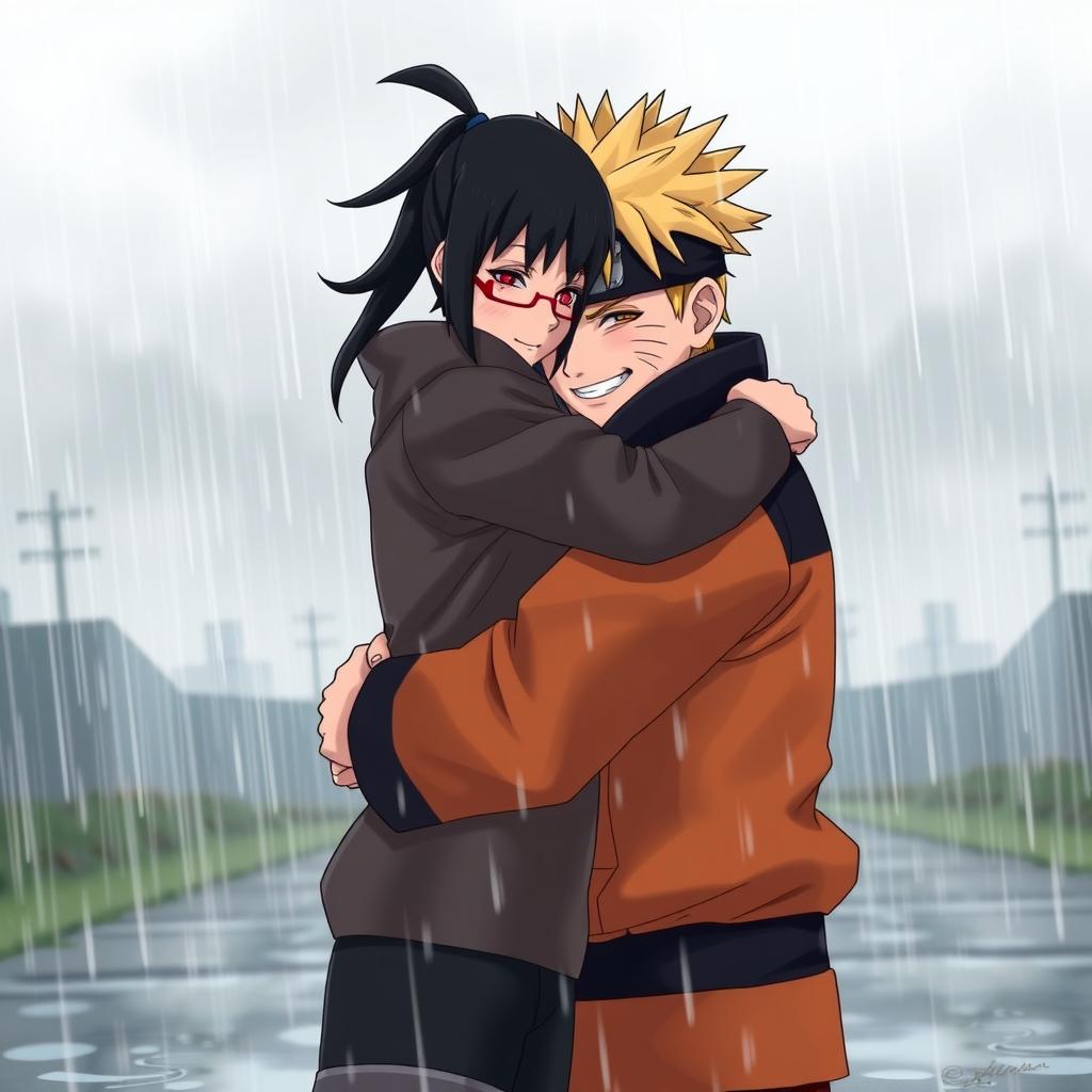 Uchiha Sarada, a young kunoichi with her distinctive red glasses and black hair tied in a ponytail, embraces Naruto Uzumaki warmly under a grey, overcast sky as rain softly falls around them