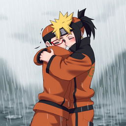 Uchiha Sarada, a young kunoichi with her distinctive red glasses and black hair tied in a ponytail, embraces Naruto Uzumaki warmly under a grey, overcast sky as rain softly falls around them