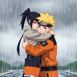 Uchiha Sarada, a young kunoichi with her distinctive red glasses and black hair tied in a ponytail, embraces Naruto Uzumaki warmly under a grey, overcast sky as rain softly falls around them