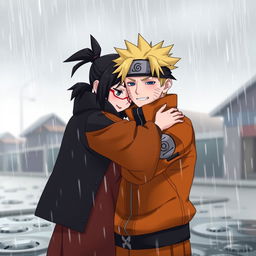 Uchiha Sarada, a young kunoichi with her distinctive red glasses and black hair tied in a ponytail, embraces Naruto Uzumaki warmly under a grey, overcast sky as rain softly falls around them