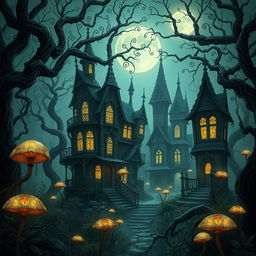 A gothic, creepy, and surreal illustration of an abandoned fae town in the heart of a dense forest