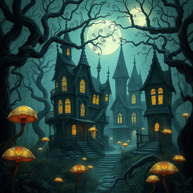 A gothic, creepy, and surreal illustration of an abandoned fae town in the heart of a dense forest