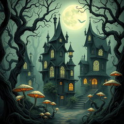 A gothic, creepy, and surreal illustration of an abandoned fae town in the heart of a dense forest