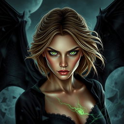 A young woman in her 20s with piercing green eyes and light brown hair, presented as a menacing warlock