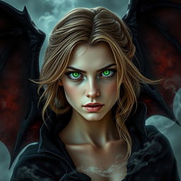 A young woman in her 20s with piercing green eyes and light brown hair, presented as a menacing warlock