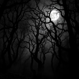 A gothic forest illuminated by the light of a bright, full moon