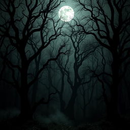 A gothic forest illuminated by the light of a bright, full moon