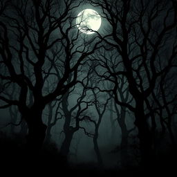 A gothic forest illuminated by the light of a bright, full moon