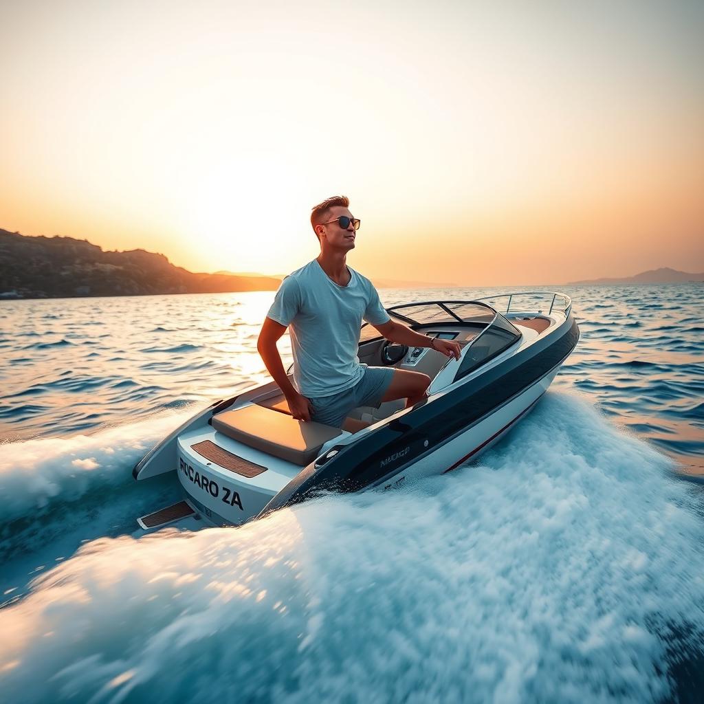 Cristiano Ronaldo on a sleek, modern speedboat, cruising through the azure waters of the Caspian Sea