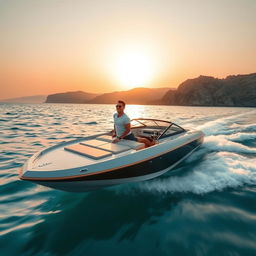 Cristiano Ronaldo on a sleek, modern speedboat, cruising through the azure waters of the Caspian Sea