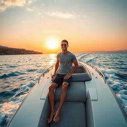 Cristiano Ronaldo on a sleek, modern speedboat, cruising through the azure waters of the Caspian Sea