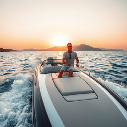 Cristiano Ronaldo on a sleek, modern speedboat, cruising through the azure waters of the Caspian Sea