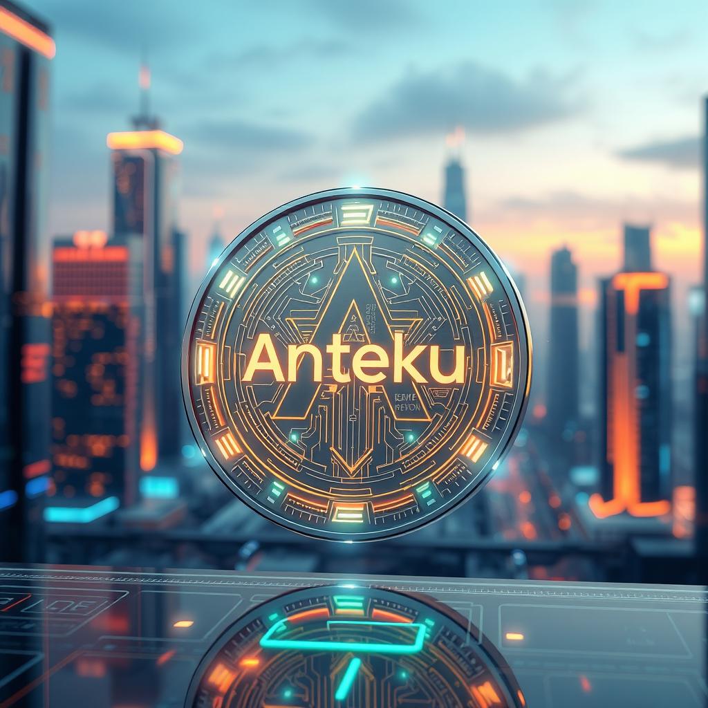 futuristic digital currency called 'Anteku' in a virtual world setting, showcasing its sleek design with glowing circuits and holographic displays, surrounded by a digital cityscape