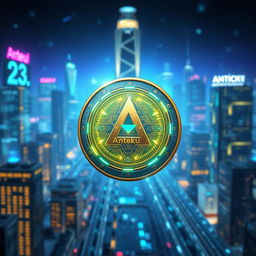 futuristic digital currency called 'Anteku' in a virtual world setting, showcasing its sleek design with glowing circuits and holographic displays, surrounded by a digital cityscape