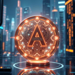 futuristic digital currency called 'Anteku' in a virtual world setting, showcasing its sleek design with glowing circuits and holographic displays, surrounded by a digital cityscape