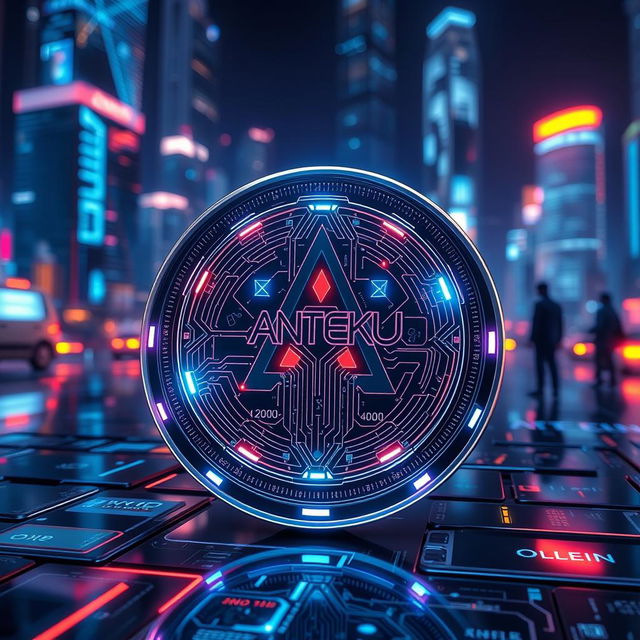 futuristic digital currency called 'Anteku' in a virtual world setting, showcasing its sleek design with glowing circuits and holographic displays, surrounded by a digital cityscape