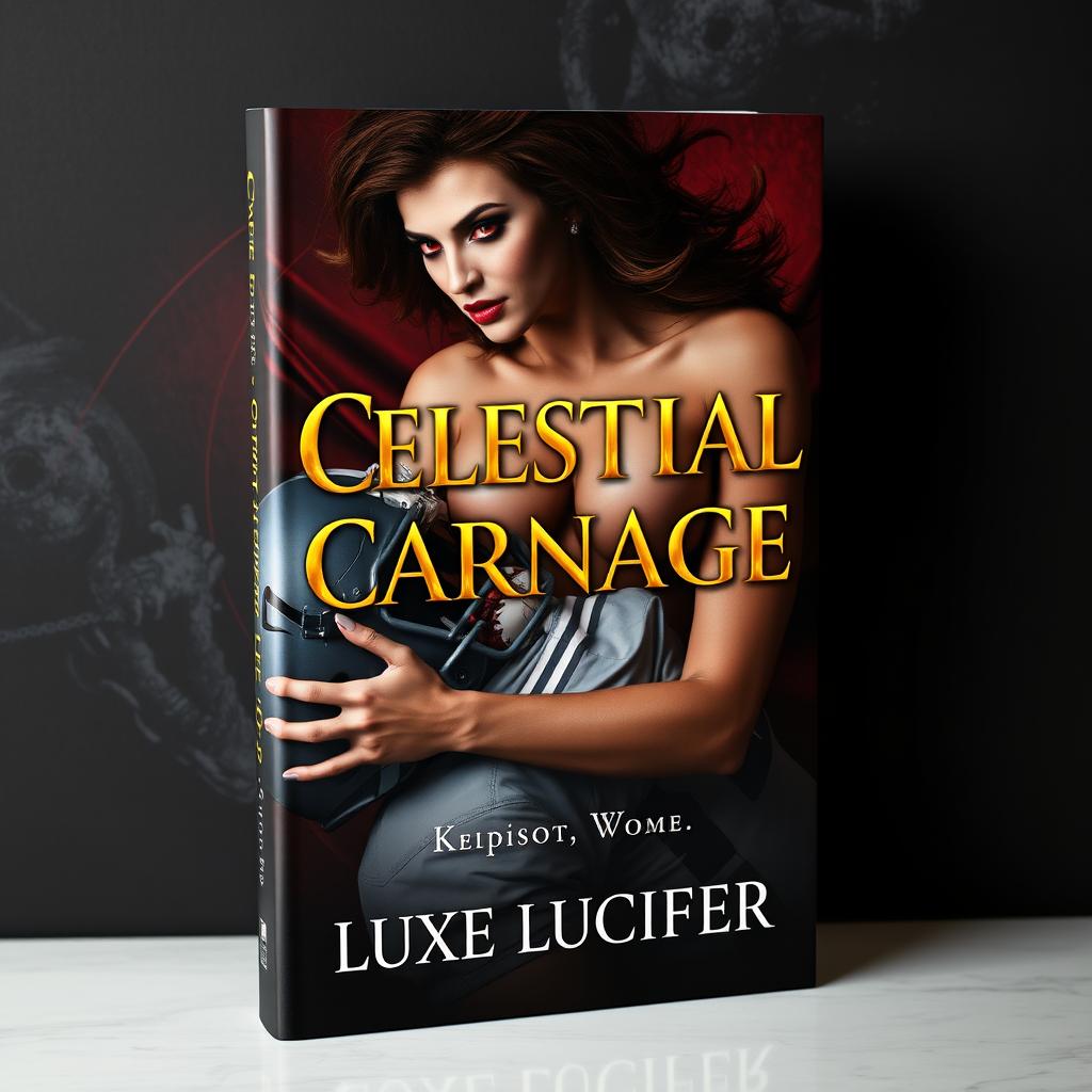 An elegant book cover design featuring a seductive and alluring demoness with red eyes