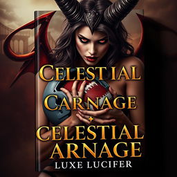 An elegant book cover design featuring a seductive and alluring demoness with red eyes