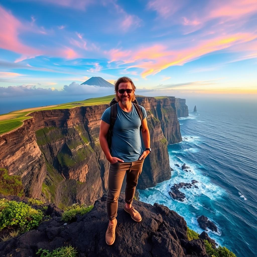 Jay Slayer, reimagined as "Jay Slayter", standing on a majestic cliff in Tenerife, Spain, titled "Lost in Tenerife"