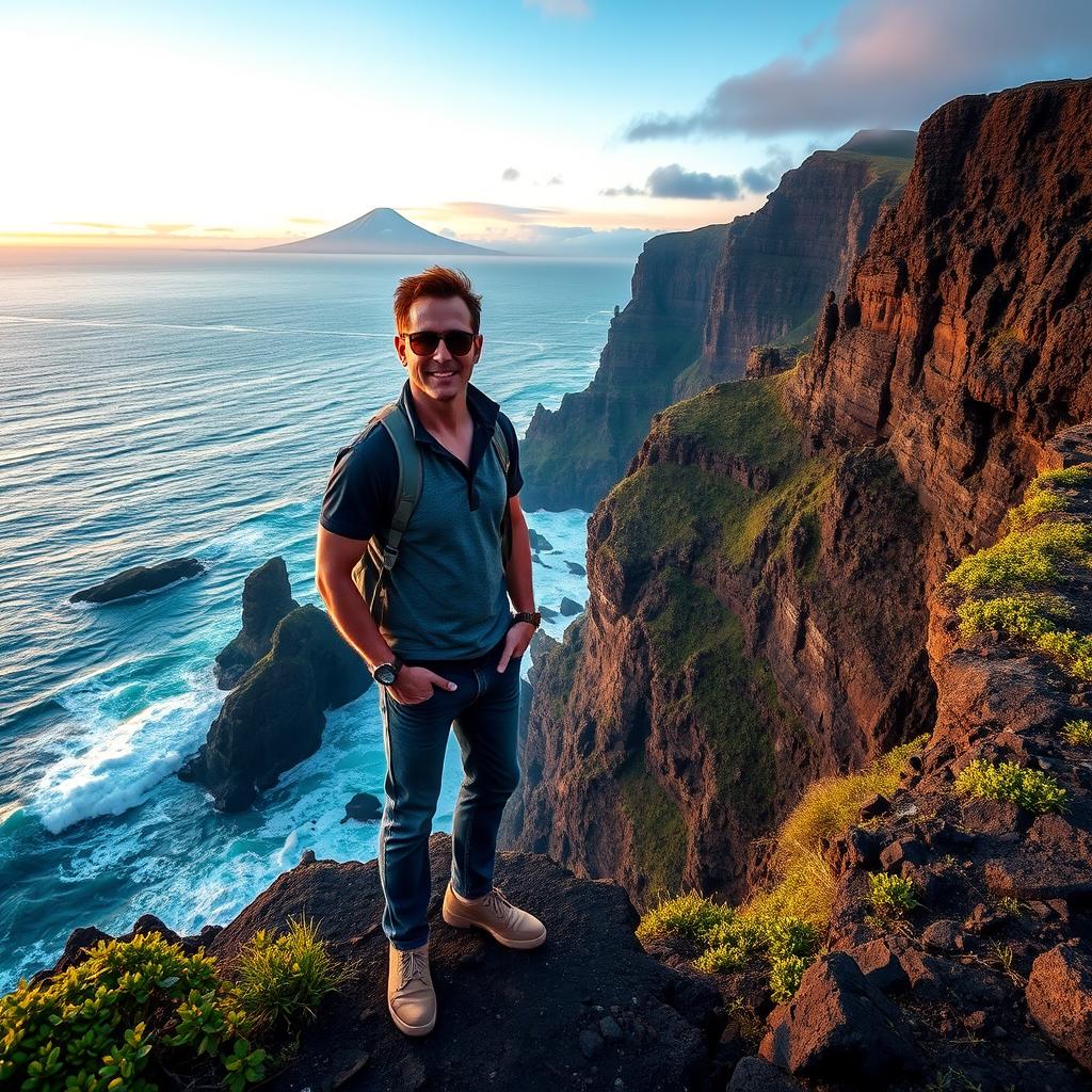 Jay Slayer, reimagined as "Jay Slayter", standing on a majestic cliff in Tenerife, Spain, titled "Lost in Tenerife"