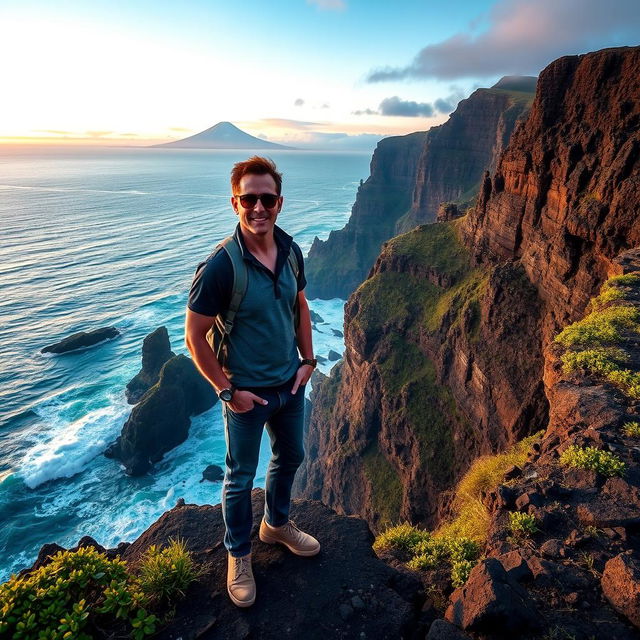 Jay Slayer, reimagined as "Jay Slayter", standing on a majestic cliff in Tenerife, Spain, titled "Lost in Tenerife"