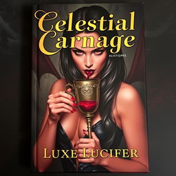 An elegant book cover featuring a sexy demoness with striking red eyes, sipping blood from a vintage, ornate goblet