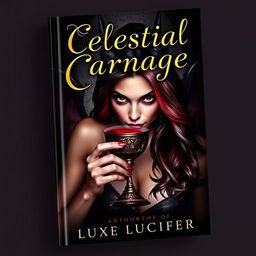 An elegant book cover featuring a sexy demoness with striking red eyes, sipping blood from a vintage, ornate goblet