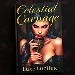 An elegant book cover featuring a sexy demoness with striking red eyes, sipping blood from a vintage, ornate goblet