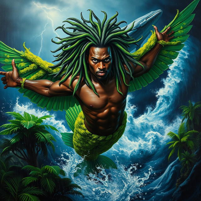 A polished, finished oil-based painting showcasing a full-body macro view of an epic, stunning nude black warrior merman with exquisite dark chocolate skin