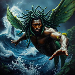 A polished, finished oil-based painting showcasing a full-body macro view of an epic, stunning nude black warrior merman with exquisite dark chocolate skin