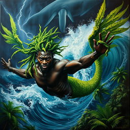 A polished, finished oil-based painting showcasing a full-body macro view of an epic, stunning nude black warrior merman with exquisite dark chocolate skin