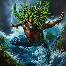 A polished, finished oil-based painting showcasing a full-body macro view of an epic, stunning nude black warrior merman with exquisite dark chocolate skin