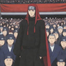 A stunning scene depicting Akatsuki from Naruto, holding an elderly character's head compassionately while standing in front of a crowd of individuals