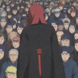 A stunning scene depicting Akatsuki from Naruto, holding an elderly character's head compassionately while standing in front of a crowd of individuals