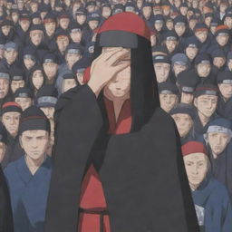 A stunning scene depicting Akatsuki from Naruto, holding an elderly character's head compassionately while standing in front of a crowd of individuals