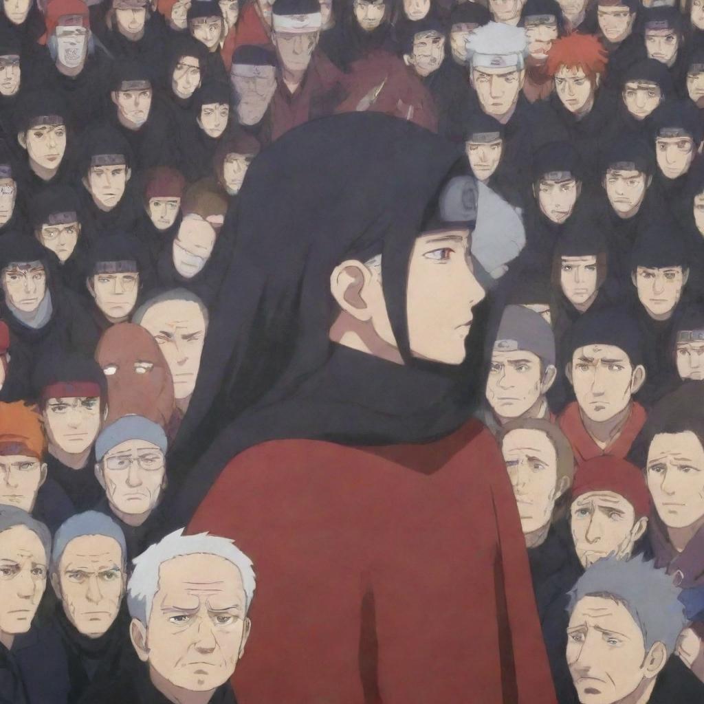 A stunning scene depicting Akatsuki from Naruto, holding an elderly character's head compassionately while standing in front of a crowd of individuals