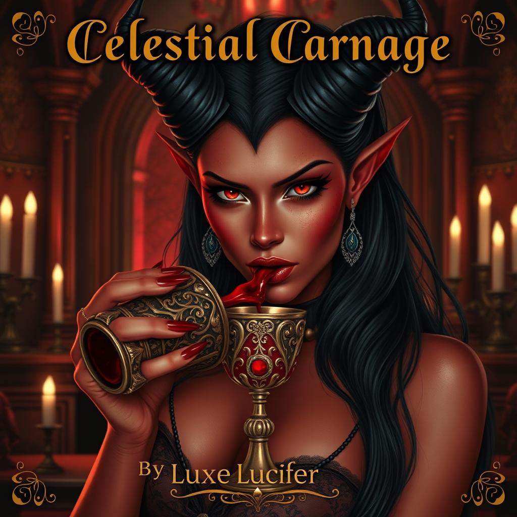 A gorgeous and alluring demoness with piercing red eyes sipping blood from an ornate goblet