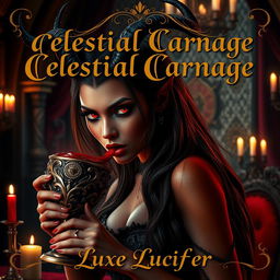 A gorgeous and alluring demoness with piercing red eyes sipping blood from an ornate goblet