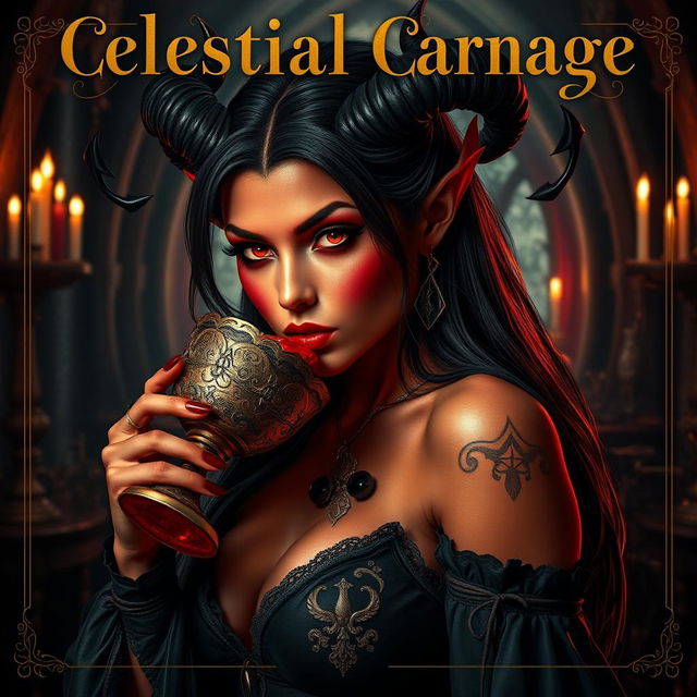 A gorgeous and alluring demoness with piercing red eyes sipping blood from an ornate goblet