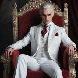 A child-like vampire king with silver hair and piercing red eyes, dressed in a pristine white noble suit, sitting confidently on his ornate throne.