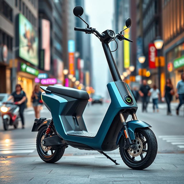 A sleek and modern Ola electric scooter parked in an urban environment, showcasing its stylish design and vibrant colors against the backdrop of a bustling city street